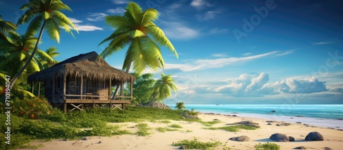 Beach bungalow with palm tree in tropical location. photo