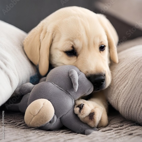 Cute Animals / Pets  - cute labrador puppy dog with stuffed animal hippo © Lauren
