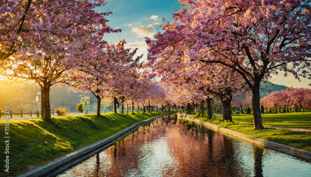 Sakura cherry blossoms, creating a mesmerizing alleyway