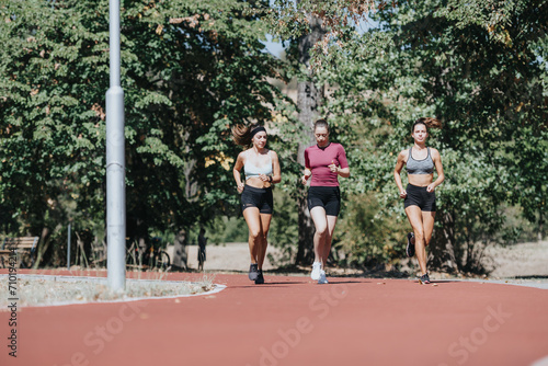 Fit girls jogging in a city park, enjoying outdoor sports. They are running on a race track, surrounded by a positive atmosphere and natural environment.