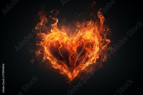 Fire flame in the shape of a heart. Background with selective focus with copy space