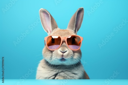 Cool bunny in glasses with selective focus and copy space