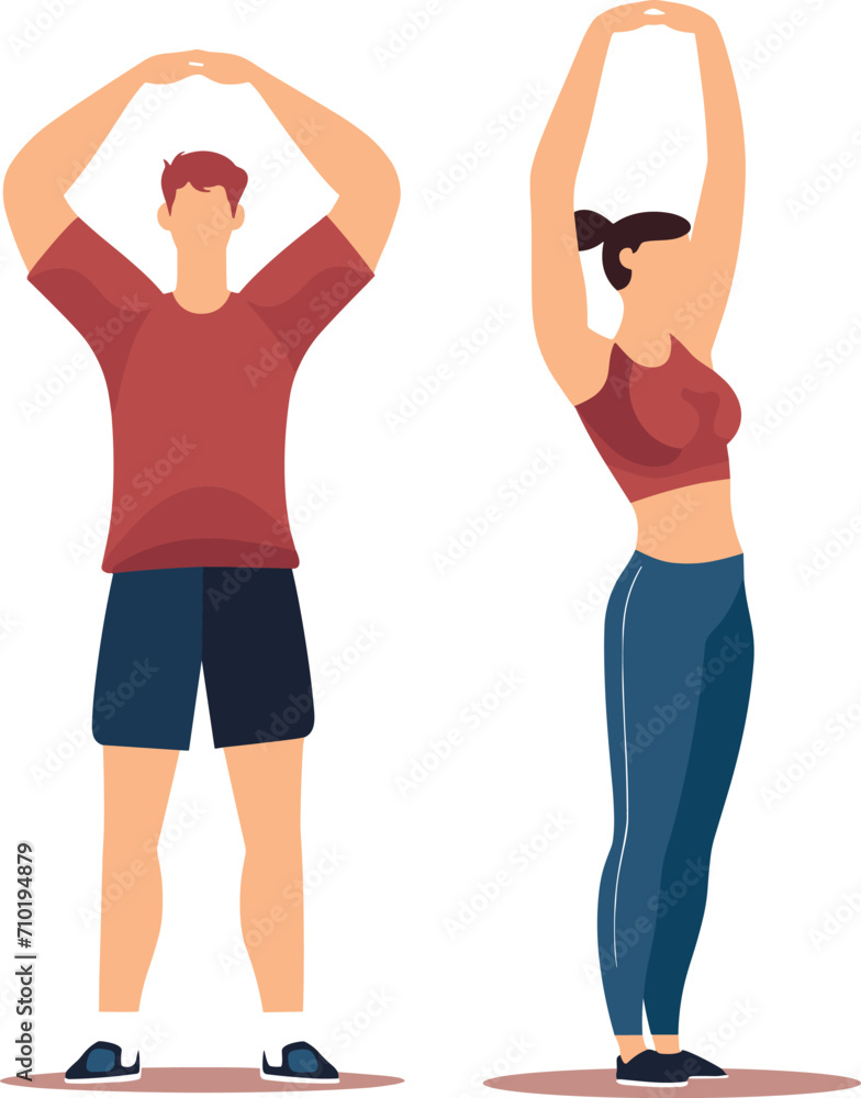 Young man and woman doing stretching exercises. People engaging in workout routine. Fitness activity and gym workout partners vector illustration. Young man and woman doing stretching exercises. People engaging in workout routine. Fitness activity and gym workout partners vector illustration.