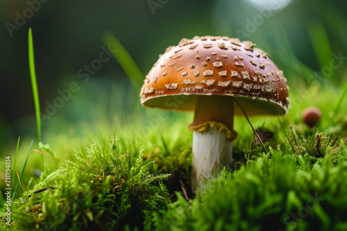 Fly agaric in the forest. Background with selective focus and copy space