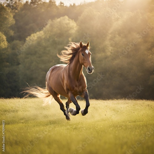 Horses 1  - horse chestnut star pony running through sunny green pasture