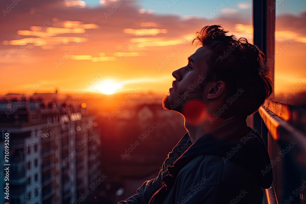 Fototapeta premium As the sun sets behind the city, a solitary figure stands at the window, their face backlit by the warm glow, lost in thought amidst the clouds and endless sky
