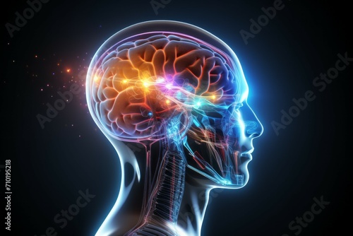 Hologram of the human brain. Background with selective focus and copy space photo
