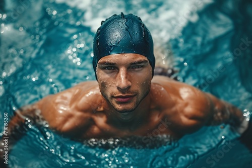 Male swimmer athlete in a swimming pool. Background with selective focus and copy space