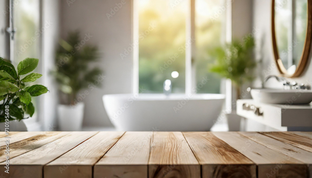 Serene white bathroom interior with minimalist design, showcasing an empty wooden tabletop for product display, featuring blurred bathroom elements. Clean, modern, and inviting Serene white bathroom interior with minimalist design, showcasing an empty wooden tabletop for product display, featuring blurred bathroom elements. Clean, modern, and inviting