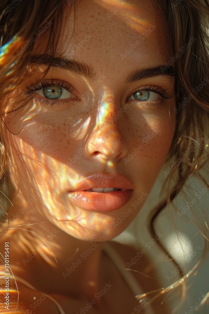 A captivating portrait of a freckled woman with piercing blue eyes, framed by thick eyebrows and delicate eyelashes, her skin glowing in the soft light as she gazes confidently into the camera A captivating portrait of a freckled woman with piercing blue eyes, framed by thick eyebrows and delicate eyelashes, her skin glowing in the soft light as she gazes confidently into the camera