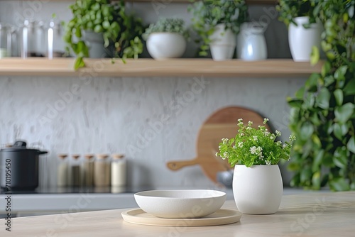 A delicate houseplant sits in a pristine white flowerpot  surrounded by a collection of elegant ceramic serveware and a rustic wooden pitcher  creating a peaceful and charming scene on the kitchen ta