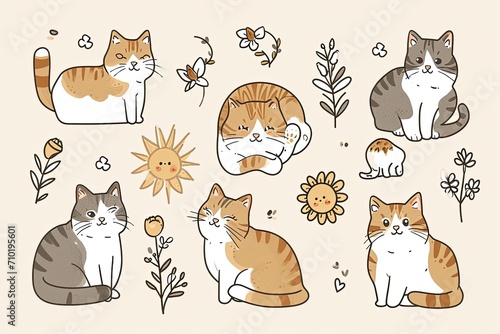 Whimsical illustrations of cuddly cats surrounded by vibrant flowers, capturing the heartwarming bond between feline and flora photo