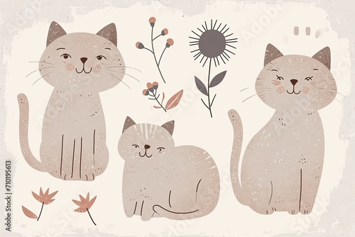 A whimsical illustration of a diverse group of feline friends, each striking a unique and captivating pose, captures the playful and charming essence of these beloved animals photo