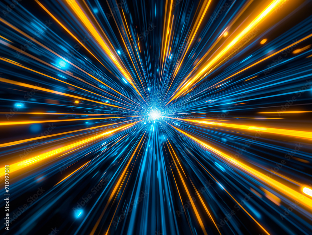 Abstract futuristic background high speed straight blue yellow lines and bokeh glowing neon moving. High speed futuristic travel concept. Sending data Abstract futuristic background high speed straight blue yellow lines and bokeh glowing neon moving. High speed futuristic travel concept. Sending data