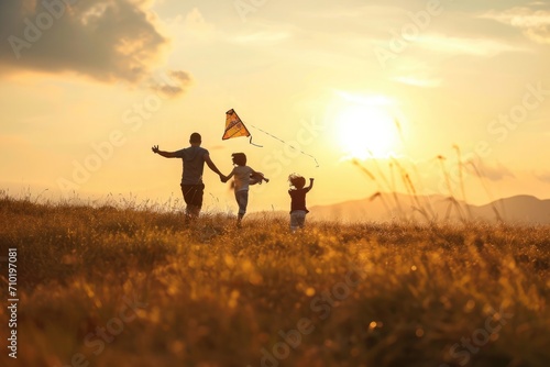 family running in a field with a kite