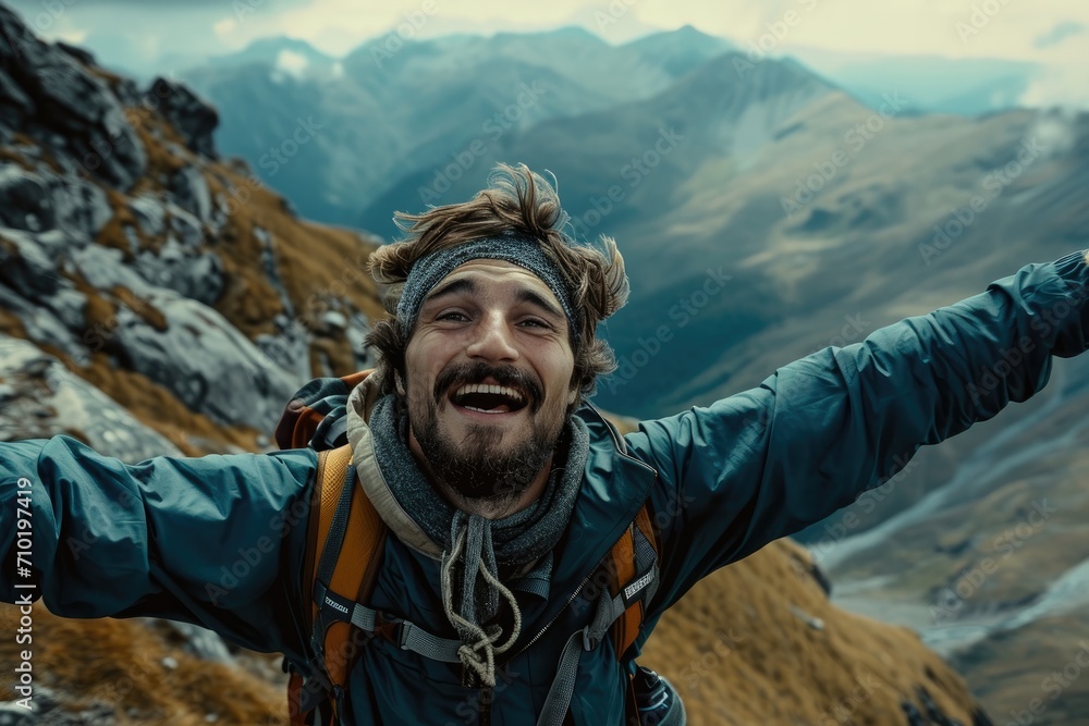 A rugged explorer basks in the breathtaking view atop a majestic mountain, his outstretched arms embracing the vastness of the outdoors as he sets out on a daring hiking adventure A rugged explorer basks in the breathtaking view atop a majestic mountain, his outstretched arms embracing the vastness of the outdoors as he sets out on a daring hiking adventure