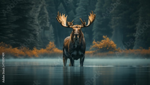 Moose standing in the lake photo