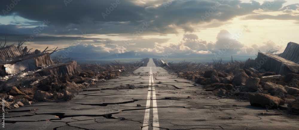 Obraz premium Driving on deserted asphalt road post-earthquake.