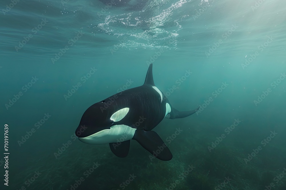 A majestic cetacean glides gracefully through the deep blue sea, its sleek black and white body glistening in the sunlight as it navigates the underwater world with its powerful fin A majestic cetacean glides gracefully through the deep blue sea, its sleek black and white body glistening in the sunlight as it navigates the underwater world with its powerful fin