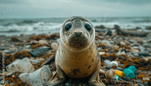 Seal on a trash-filled beach, marine pollution © akarawit