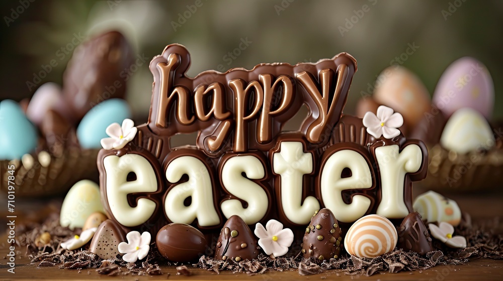 Delightful Easter Celebration with Chocolate Bunny and Decorative Eggs Amidst Spring Blossoms.