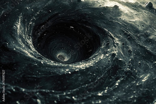 A mesmerizing tropical cyclone of swirling water engulfs the serene nature of a black hole in space, creating a vortex of both beauty and destruction photo