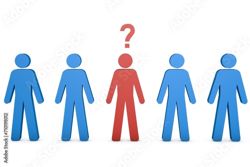 A Single, Prominent Red Question Mark Figure Amongst a Series of Blue Silhouettes on a White Background. Concept of doubt, uncertainty, individuality and curiosity. photo