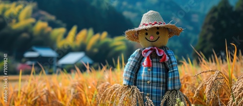 Pre-harvest rice in Japan and scarecrow. photo