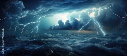 Stormy weather captured in a high-quality photo, featuring lightning above the sea with clouds.
