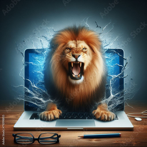 Um leão feroz saindo da tela de um laptop photo