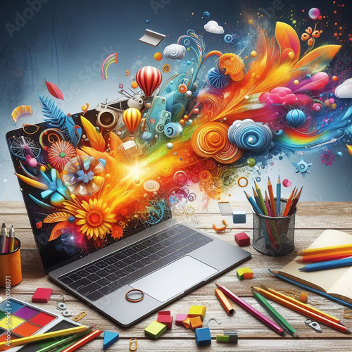 esplosão de cores saindo da tela de um laptop photo
