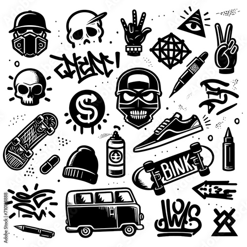 Urban street culture icons set in doodle monochrome. Graffiti and skateboarding symbols in black and white, perfect for urban lifestyle branding sketch