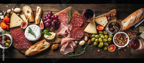 Overhead shot of charcuterie, cheese, wine with space for text. Mediterranean antipasti or tapas, shot from above with olives and salmon sandwiches. Deli food.
