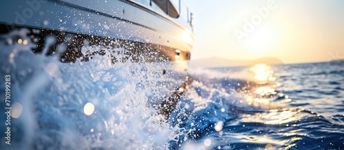 High quality photograph of a yacht sailing in the open sea, capturing a close-up side view with splashes of water against a clear sky after rain. © AkuAku