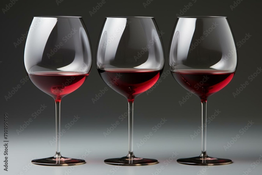 A set of 3 wine glasses used for serving red wine. Generative AI A set of 3 wine glasses used for serving red wine. Generative AI