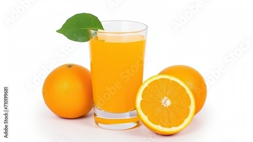 Orange juice and oranges with leaves.white background  for banner background