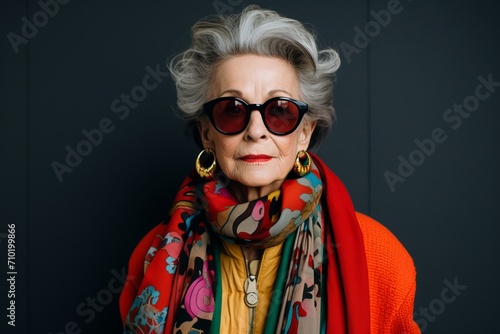 Portrait of a beautiful senior woman wearing sunglasses and a colorful scarf