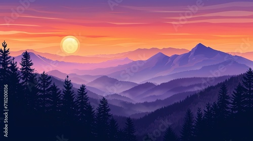 Vector illustration of a mountain landscape at sunset © Jennifer