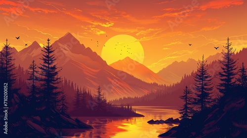 Vector illustration of a mountain landscape at sunset © Jennifer