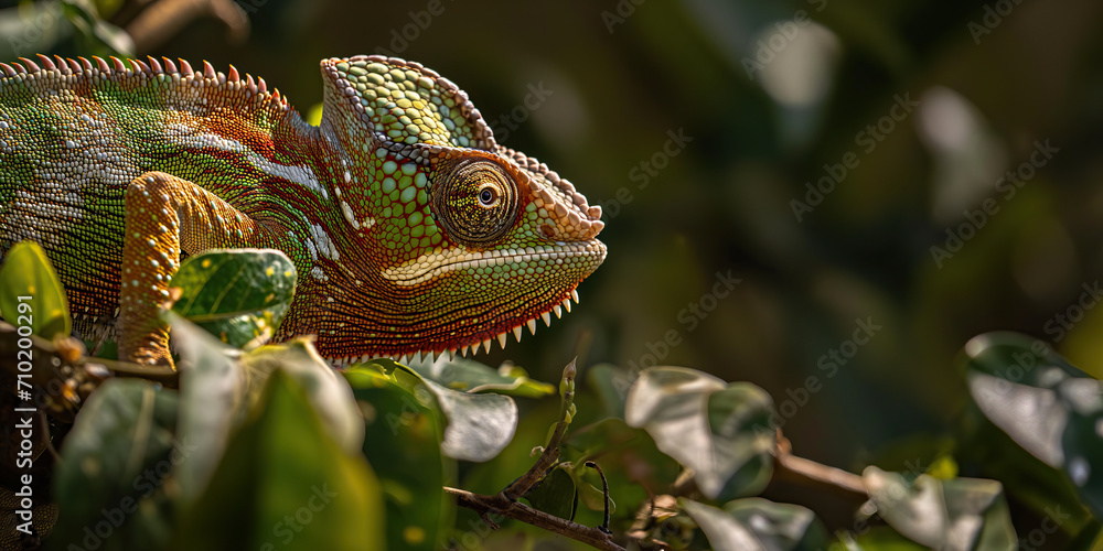Close-Up of Chameleon on Tree Branch, Camouflaged Reptile in Natural Habitat