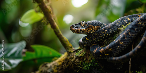 Black and Brown Snake Perched on Tree Branch in the Wild