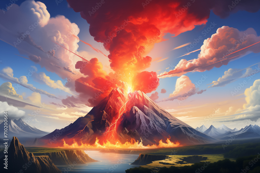 Volcano eruption in the sky with clouds scene at daytime