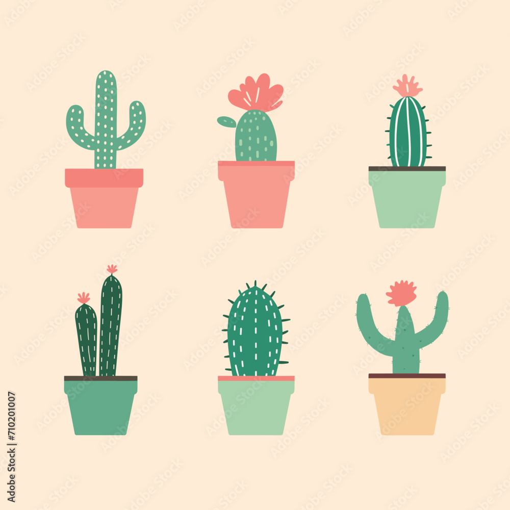 Six different cacti in colorful pots, simple flat design. Home decor, indoor plants, cute cacti collection vector illustration. Six different cacti in colorful pots, simple flat design. Home decor, indoor plants, cute cacti collection vector illustration.