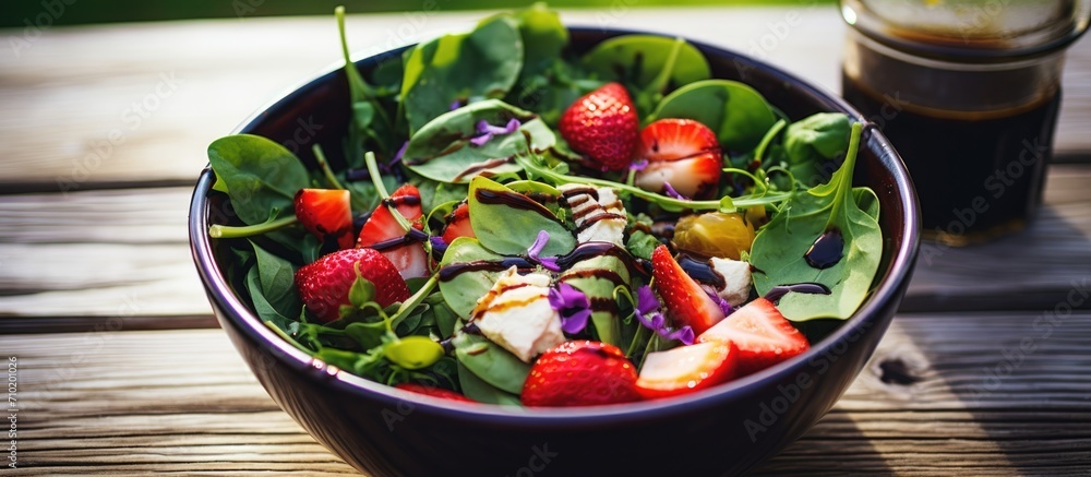 Nutritious ingredients in a green salad include burata cheese, strawberries, cherry tomatoes, spinach, beet leaves, lettuce, and balsamic dressing for lunch.