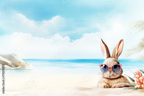 cute bunny with sunglasses lies on the beach. space for text