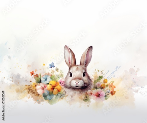 rabbit head in flowers. watercolor. copy space