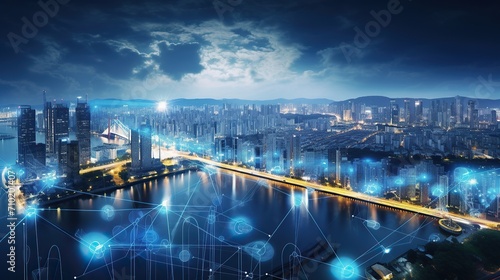 Smart city and intelligent communication network  night city  wireless connection technology concept  future technology concept