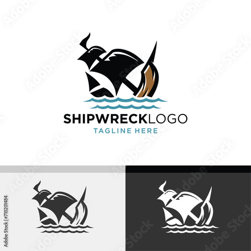 Shipwrecked in the Ocean. Simple and Minimalist Logo Design. Vector illustration