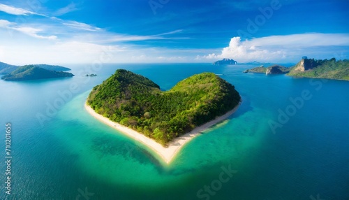 Top wiev exotic island in the shape of a heart. Travel concept