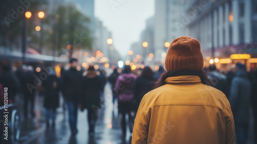 a person in a yellow jacket and a hat is walking down a street with a lot of people photo